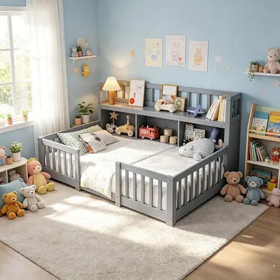 Obrázek produktu pro Dětská postel 90x200 cm s bočnicemi, rošt, Montessori postel s úložným prostorem, jednolůžko pro mládež z masivního dřeva, bez matrace, šedá barva