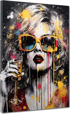Produktbild von Street Art Frau mit Sektglas und Sonnenbrille Leinwandbild Wandbild XL Wanddeko: 90x120x2cm