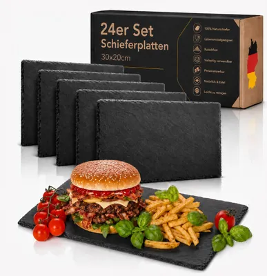 Produktbild von 24er Set 30x20cm Schieferplatte grau, Servierplatte Naturschiefer, Sushi Tischset, Teller, große Servierplatten aus Schiefer, zum Servieren & Beschriften