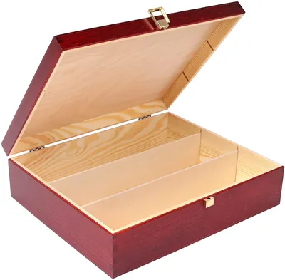 An open wooden box for wine bottles, with a red exterior and natural wood interior. The box is divided into three compartments and has a gold latch on the lid and front.