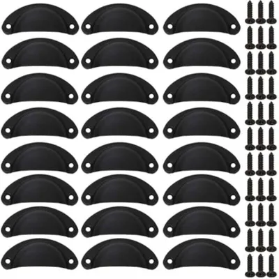Produktbild von Set mit 24 muschelförmigen Schrankgriffen, schwarze Schrankgriffe mit Schrauben, Vintage-Eisen-Muschelgriffe
