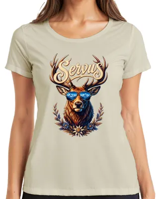 Produktbild von Servus Hirsch Geweih Sonnenbrille Edelweiß Alpen Lederhose Dirndl Damen T-Shirt, Natur, L