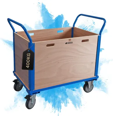 Produktbild von Profi Plattformwagen mit abnehmbaren Holzwänden | HxBxT 102x113x60 cm | Traglast 400 kg | Vollgummibereifung, 2x Lenkrollen mit Feststellbremse & 2x Bockrollen | Blau | Transportwagen Transporthilfe Handwagen