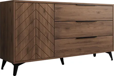 Produktbild von MIRJAN24 Kombikommode Xylix Bis 1D3SZ, Sideboard mit Drehtür und drei Schubladen, Griffe und Füße aus Metall in der Farbe Gold (Farbe: Nuss Okapi)