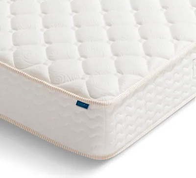 A close-up, angled view of a white mattress.