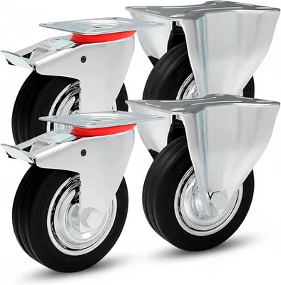 Produktbild von Transportrollen 125mm 4er Set - Lenkrollen Bockrollen mit Bremse Schwerlastrollen - Möbelrollen Vollgummi schwarz Werkstattrollen