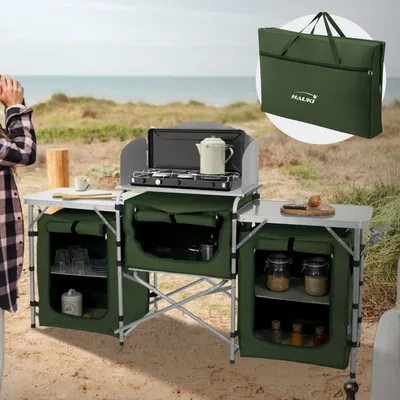 Produktbild von Skladacia kempingová kuchyňa Hauki s prenosnou taškou, farba khaki, z hliníka
