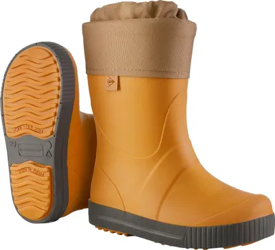 A pair of orange rubber boots with a beige lining, shown against a white background.
