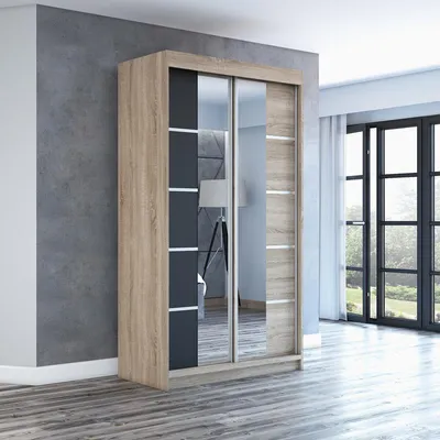 Produktbild von Schwebetürenschrank Kleiderschrank ERA 120 cm Schrank Garderobe Spiegel.Verschiedene Farben (Weiß, Schwarz, Somona). Möbel vom Hersteller!