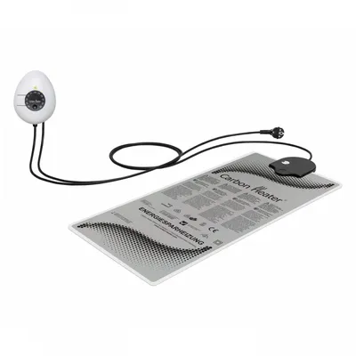 A carbon heater pad with its control unit and power cord, displayed on a white background.