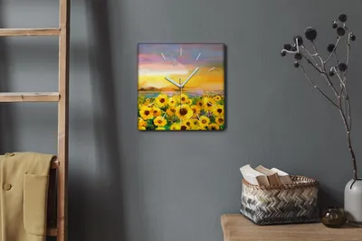 Produktbild von Coloray Hodiny Unikátní 30x30 cm  Tiché hodiny Pro obývací pokoj a kuchyň Nástěnné hodiny Plátno Bílé ručičky hodin - Květiny západ slunce