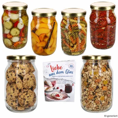 Produktbild von 6er Set Einmachglas 1,7L Vorratsglas TO 100 Deckel gold Rezeptheft