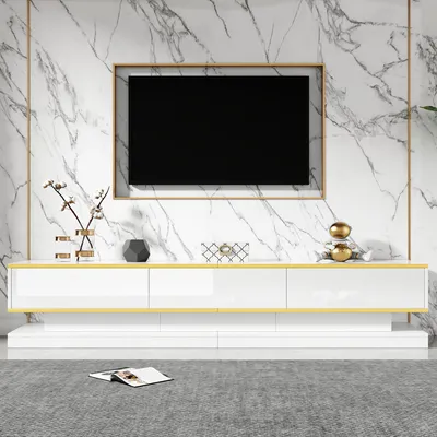 Produktbild von Parrot Uncle Warmweißer TV-Tisch mit goldener Kante, 3 Schubladen, Hochglanz-TV-Ständer,Wohnzimmerschrank, Standfernsehschrank, 200*40*40cm