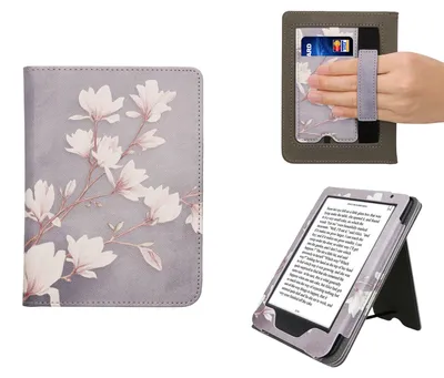 Produktbild von kwmobile Flip Cover kompatibel mit Kobo Clara BW / Clara Colour / Tolino Shine (5) / Shine Color - Hülle mit Handschlaufe Magnolien Taupe Weiß