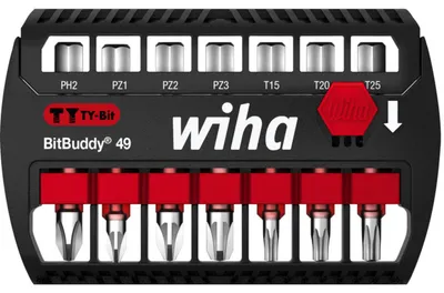 Imagen del producto de Juego de puntas Wiha BitBuddy® TY-Bit de 49 mm, con puntas Phillips, Pozidriv y TORX®, 7 piezas, 1/4", en caja (42116)