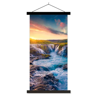 Produktbild von MuchoWow® Textilposter Wasserfall - Pflanzen - Moos - Landschaft - Sonnenuntergang - Fels 40x80 cm mit schwarzem Rahmen - Wandemalerei