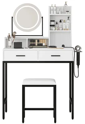 Image de Table de maquillage avec miroir LED - Commode coiffeuse - Miroir rotatif à 360° - 3 modes d'éclairage - 2 tiroirs - Support pour sèche-cheveux et prise électrique - Blanc et noir
