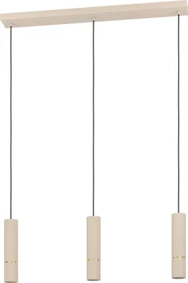 A three-light pendant lamp hanging from a wooden bar.