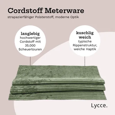 Produktbild von Lycce Cordstoff Meterware | 35.000 Scheuertouren | Tierfreundlich & kratzresistent | 1 lfm x 1,40 m breiter Polsterstoff für Möbel, Kissenbezüge und andere DIY Projekte | 360 g / m² | versch. Farben, Farbe:salbei