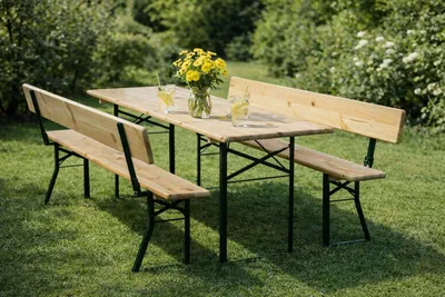 Productafbeelding van Biertafelset BAVORD PREMIUM 220x70 cm – massief grenen 30 mm, stalen frame 30x30x3 mm, 77 kg – tafel + 2 banken met rugleuning