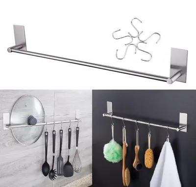 Zdjęcie produktu dla Omgoods - Samoprzylepny wieszak na ręczniki ze stali nierdzewnej, 40 cm, z 5 haczykami - montaż bez wiercenia