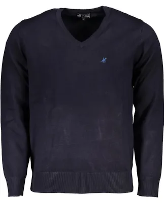 Produktbild von Herren Langarm-Pullover in Blau: V-Ausschnitt & Stickerei, Übergröße