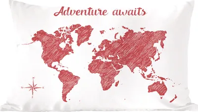 Produktbild von MuchoWow® Zierkissen Sofakissen Wohnzimmer Dekokissen 50x30 cm Weltkarte - Rot - Zitat - Wohnzimmerdekoration - Polster mit Photo