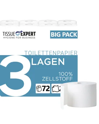 Produktbild von Tissue Expert Toilettenpapier, 3-lagig, 72 Rollen x 250 Blatt, 100% Zellstoff, ideal für Vielverbraucher, Verpackung aus 60% PCR-Anteil