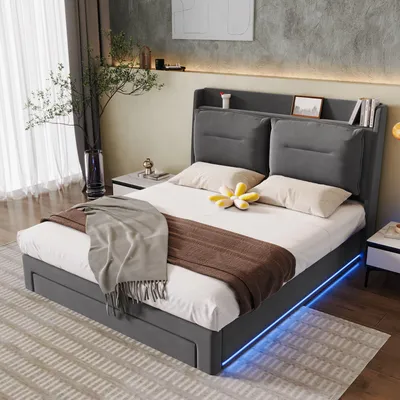 A bedroom scene with a bed as the main focus, decorated with pillows and a blanket.