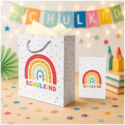 Productafbeelding van Geschenktas voor de schoolstart – 3-delig set met cadeauzak, seidenpapier en felicitatiekaart