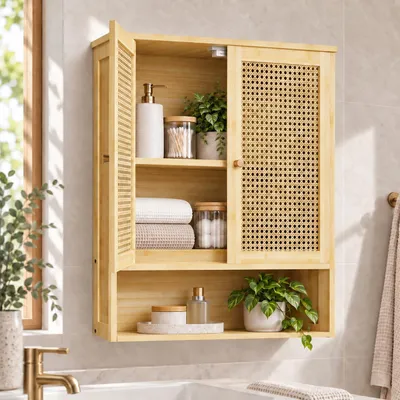 Immagine prodotto di Mobile da bagno sospeso in bambù con effetto rattan, dimensioni 59 x 20,5 x 66,5 cm