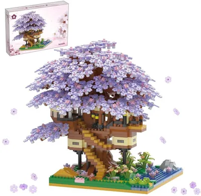 Image de Miniature maisonnette en bois, kit de construction avec fleurs, 2229 pièces, blocs de construction à clipsage, couleur violette