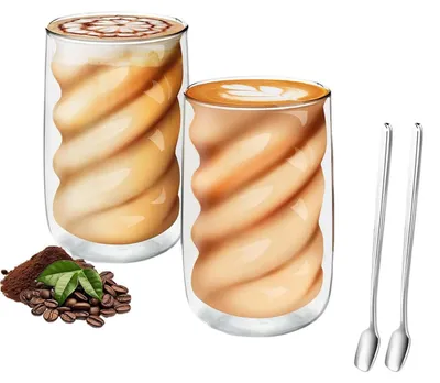 Produktbild von Latte Macchiato Gläser Set 2x 350ml Doppelwandig mit 2 Löffeln Borosilikatglas