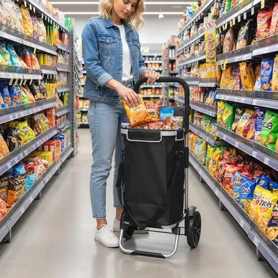 Produktbild von Einkaufstrolley 3-in-1 klappbar mit Kühlfach, Einkaufswagen mit Thermofach, Oxfordstoff, Schwarz | 45,5 x 35,5 x 97 cm | bis 25 kg | wasserdicht