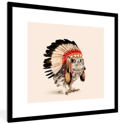 Produktbild von MuchoWow® Gerahmtes Poster Tier - Eule - Indianer - Vogel 40x40 cm - Poster mit Schwarzem Bilderrahmen Wandposter Rahmen Foto Bilder - Poster - Plakat im Rahmen