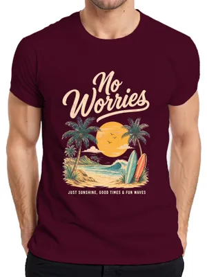 Produktbild von No Worries Fun Waves Surfen Strand Sommer Urlaub Palmen Surfer Herren T-Shirt, Burgundy, 3XL