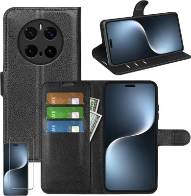 Produktbild von Für Honor Magic 7 Pro Handy Tasche Schwarz Etuis Kunst-Leder Hülle Case + 4D Curved H9 Hart Glas
