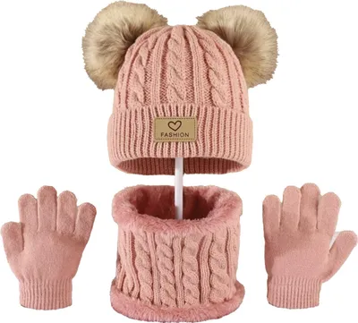 Produktbild von 3-teiliges Winterset für Kinder: Mütze, Schal, Handschuhe, zwei Mützen mit Plüschbommel-Dekor, gedrehte Textur, randlose Strickhandschuhe, Fleece-gefütterter Halswärmer