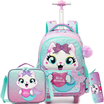 Immagine prodotto di Set di zaini per la scuola con rotelle, modello A, colore blu, con zaino, borsa per il pranzo e astuccio, dimensioni 42x30x20 cm. Motivo: gatto