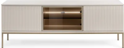 A modern TV stand with a ribbed texture and a glass-fronted central compartment with internal lighting.