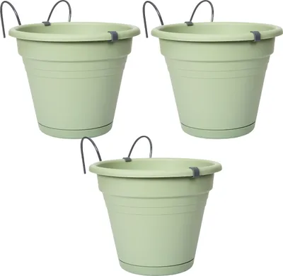 Produktbild von 3 x plastový závesný kvetináč - kvetináč na záhradu, balkón, zábradlie s prepadom vody, D.20 H17 cm - starozelený