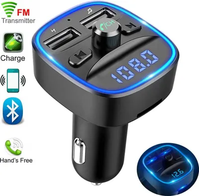 Produktbild von Auto Bluetooth FM Transmitter, Blaue Umgebende Leuchte Drahtloser Radio Kfz-Empfänger Adapter mit Freisprecheinrichtung, Dual USB Ladegerä