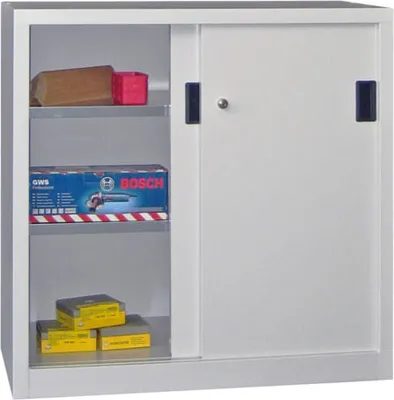 Produktbild von Schiebetürenschrank - Vollblechtüren - 1.000x1.000x400 mm (HxBxT) - 2 Böden, verzinkt - Zylinderschloss - lichtblau/anthrazitgrau