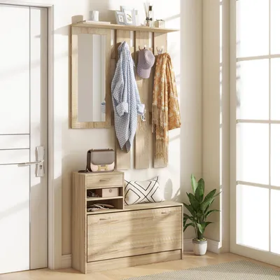 Imagen del producto de Conjunto de muebles para recibidor con perchero - 3 en 1: incluye perchero, espejo y banco para zapatos. Cuenta con 6 ganchos metálicos