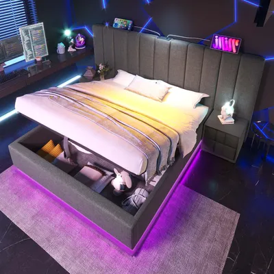 A modern bedroom with a bed that has storage and LED lighting.