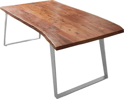 Produktbild von Esszimmertisch 120x80 cm Havanna, Baumkantentisch nussbaumfarben, Akazienholz massiv, schräges U-Gestell Metall Silber