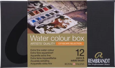 Produktbild von Rembrandt Aquarellfarben-Set im Metalletui mit Farbauswahl für Stadtlandschaften I 12 Näpfchen + Pinsel
