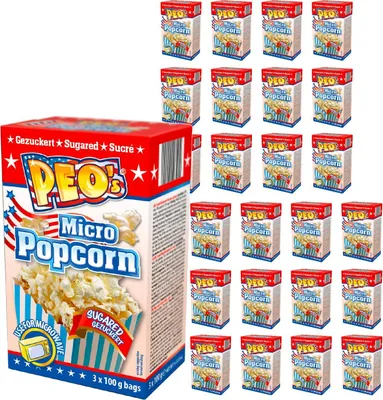 Produktbild von Peo's Popcorn Mikrowelle - Gezuckert - 72er Vorteilspack, 24 Schachteln mit 3 x 100g Inhalt, Popcorn Mais süßigkeiten für die Karneval, Party, Filmsnack, Kinoabend