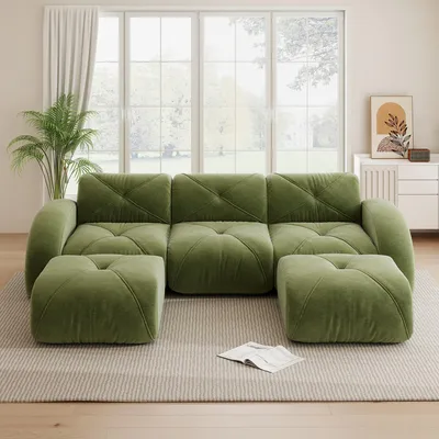 Obrázok produktu pre U-tvarová modulová sedačka Chenille, zelená, pre 3 osoby, bez rámu, s podnožkou, vhodná do obývačky, rozmer 281x171x76 cm, odolná voči poškriabaniu a bez potreby montáže
