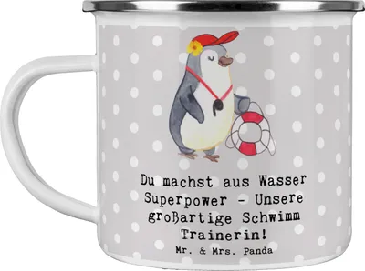 Produktbild von Mr. & Mrs. Panda Haferl Superpower Schwimmen Trainerin - Grau Pastell - Geschenk, Schwimmtrainerin, Reisebecher, Pott, Blechtasse, Schwimmtraining, Emaille Tasse, für